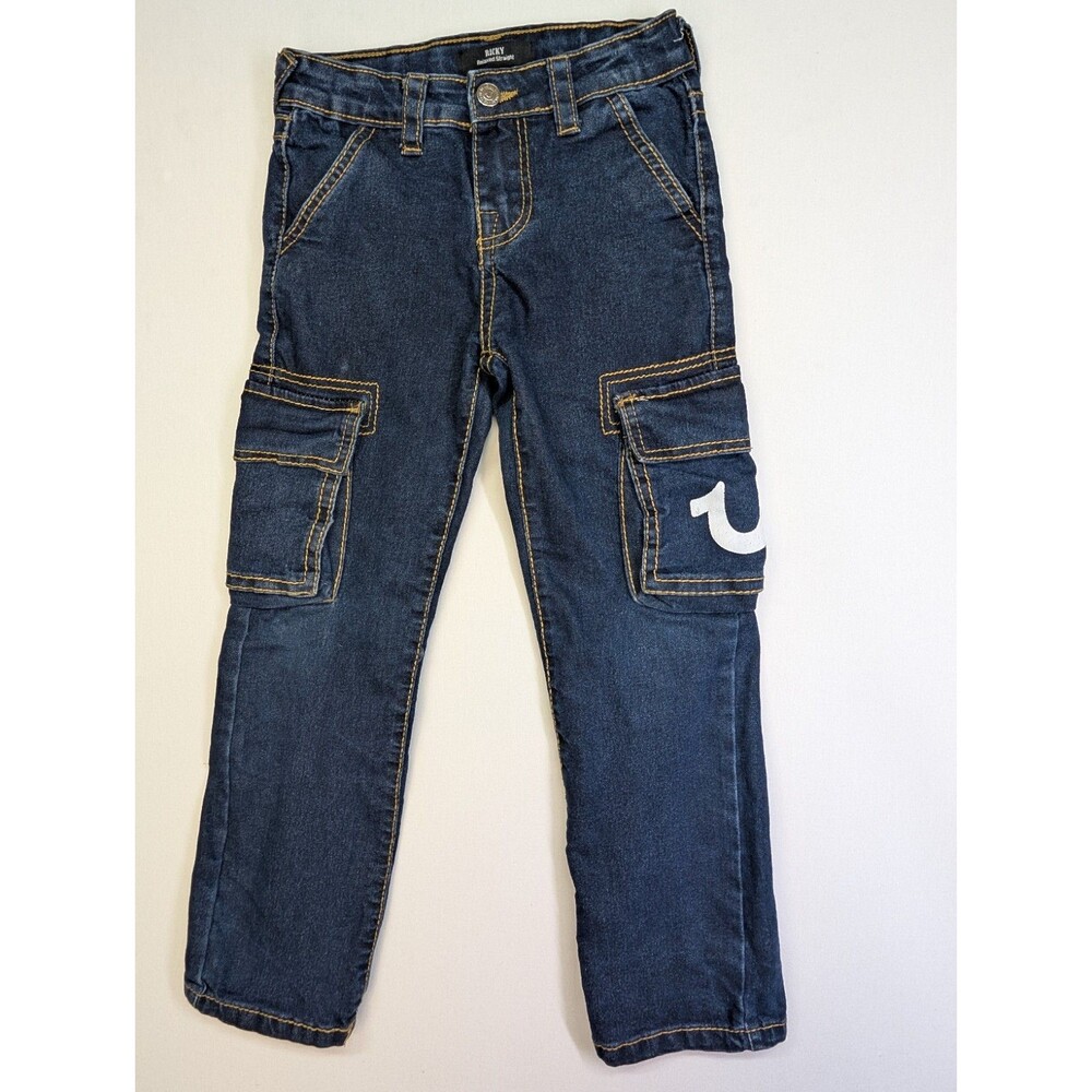 True Religion Boys Ricky Cargo Jeans Size 7 Relaxed Straight Dark Wash Blue